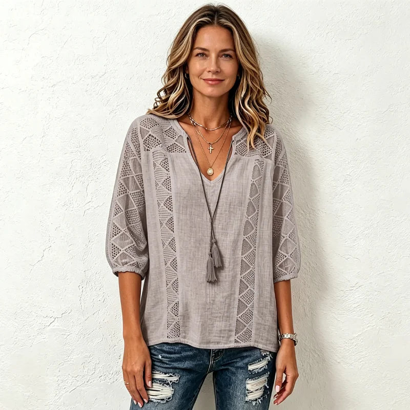 👚 Letnia bluzka wiosenno-letnia z koronkowymi wycięciami i wiązaniem – luźny krój, rękawy 3/4 maskujące brzuch, 5 kolorów, rozmiary S-5XL! 🌸✨
