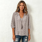👚 Letnia bluzka wiosenno-letnia z koronkowymi wycięciami i wiązaniem – luźny krój, rękawy 3/4 maskujące brzuch, 5 kolorów, rozmiary S-5XL! 🌸✨