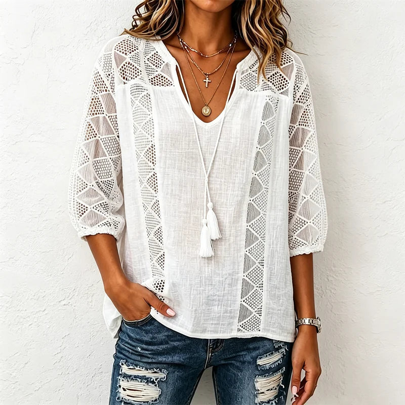 👚 Letnia bluzka wiosenno-letnia z koronkowymi wycięciami i wiązaniem – luźny krój, rękawy 3/4 maskujące brzuch, 5 kolorów, rozmiary S-5XL! 🌸✨