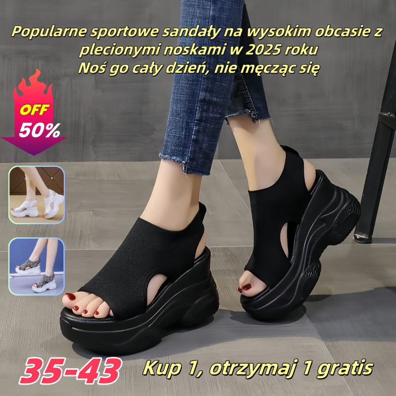 👡【50% zniżki 🔥】【34-42】💖 Letnie nowe damskie sandały na wysokim obcasie z grubą podeszwą i dzianinowym otwartym czubkiem