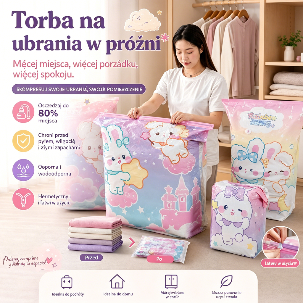 🧳【Zestaw 5 elementów】💨 Kompresyjne worki próżniowe o dużej pojemności: Nie wymagają pompki, przenośne kompresowanie! Pogrubione, szczelne i odporne na przebicie, nadają się do codziennego przechowywania✈️ Z nadrukowanymi wzorami!