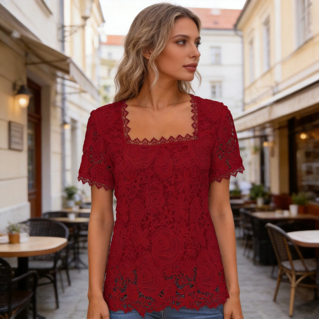 👚Damska Bluzka Koronkowa Francuski Styl Ażurowa Krótki Rękaw Elegancka i Przewiewna