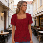 👚Damska Bluzka Koronkowa Francuski Styl Ażurowa Krótki Rękaw Elegancka i Przewiewna