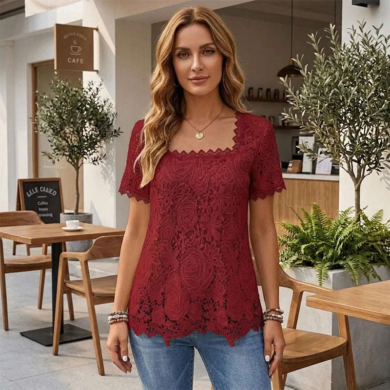 👚Damska Bluzka Koronkowa Francuski Styl Ażurowa Krótki Rękaw Elegancka i Przewiewna
